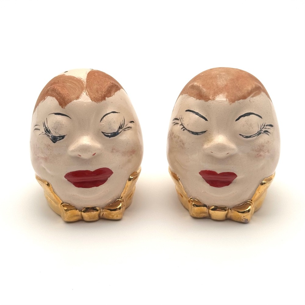 Vintage Ceramic Egg Head Salt and Pepper Shaker Set